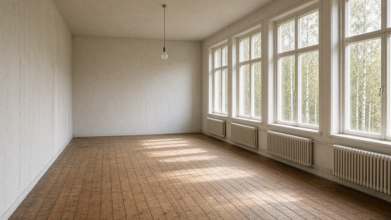 Övre plan före renovering: tomt rum med trägolv, vita väggar och en rad höga fönster mot björkar