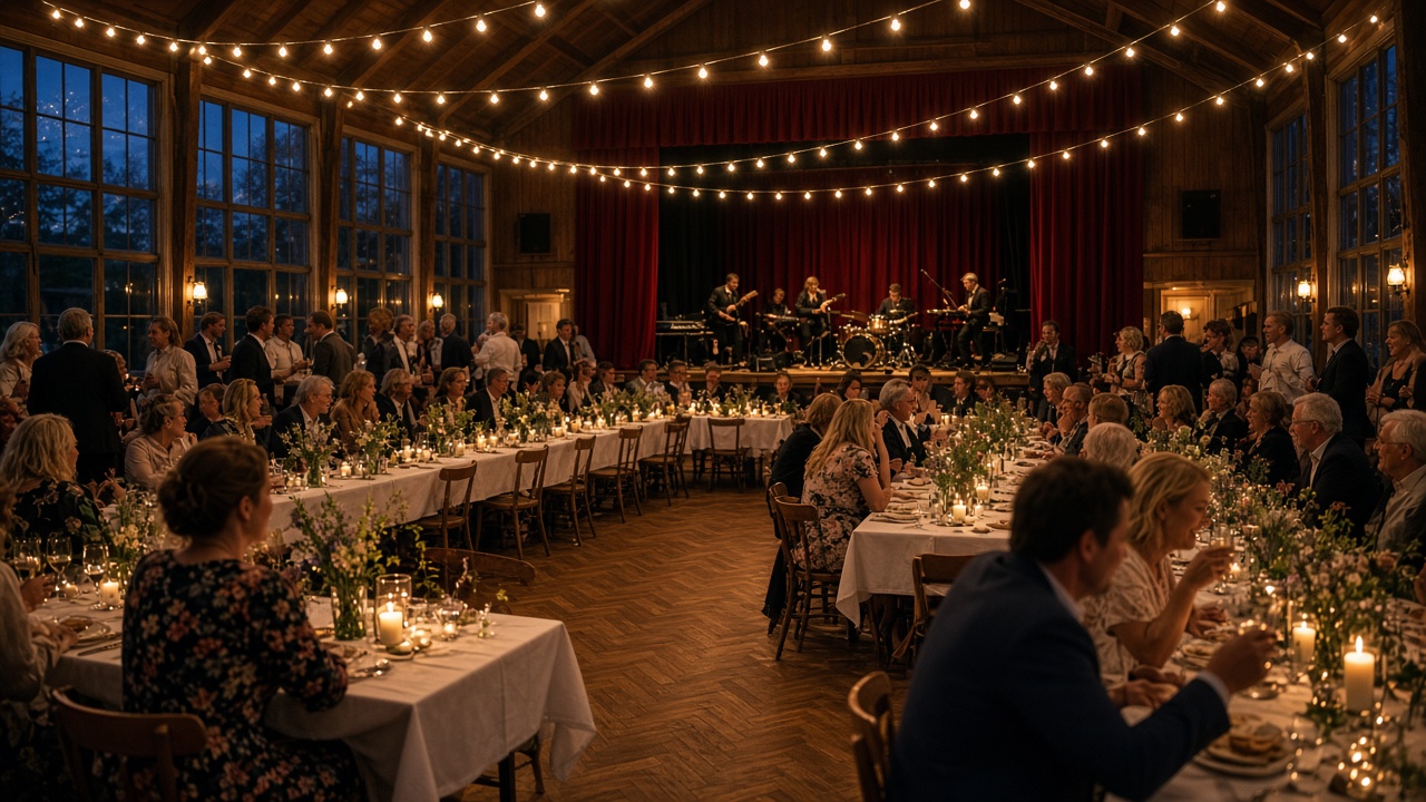 Stora salen dukad för bröllop med långbord, ljus och band på scenen